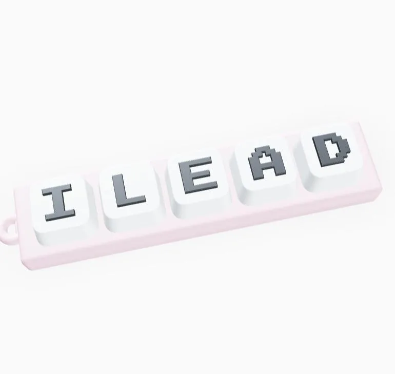 ILEAD keycap keychain — five keycaps spelling ILEAD on a pale bar